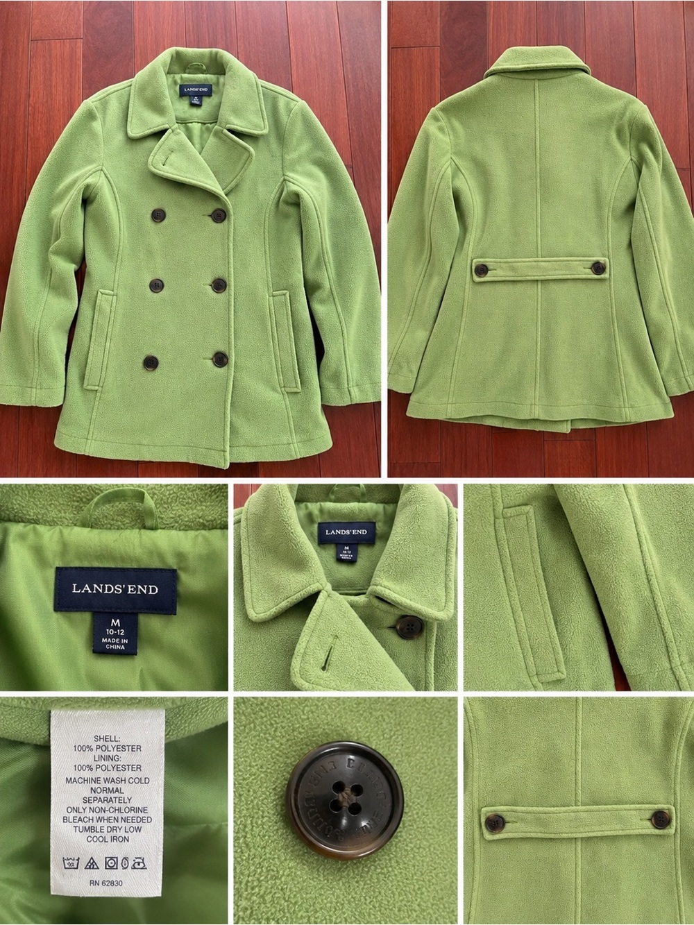 Lands' End Green Thermacheck Fleece Pea Coat – Women's Medium (10-12)